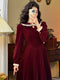 Vintage Wine-red Long Sleeve Velvet Dress