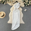 Asymmetric Slant Neckline Slit White Dress