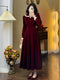 Vintage Wine-red Long Sleeve Velvet Dress