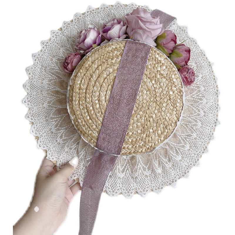 Vintage Flower Lace Up Hat - Straw Wedding Hat