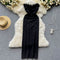 Furry Trim Waist-slimming Black Dress