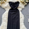 Furry Trim Waist-slimming Black Dress