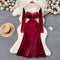 V-neck Backless Mesh Patchwork Velvet Dress