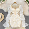 Square Neck Long Sleeve Pleated Hip Lace Dress