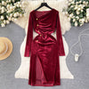 Vintage Pleated Long-sleeve Suede Dress