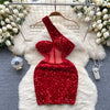 Slant Shoulder Sequin Mini Party Dress