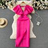 Rose Red V-neck Ruffle Sleeve Dress