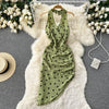 Open-back Printed Lace-up Ruffled Dress